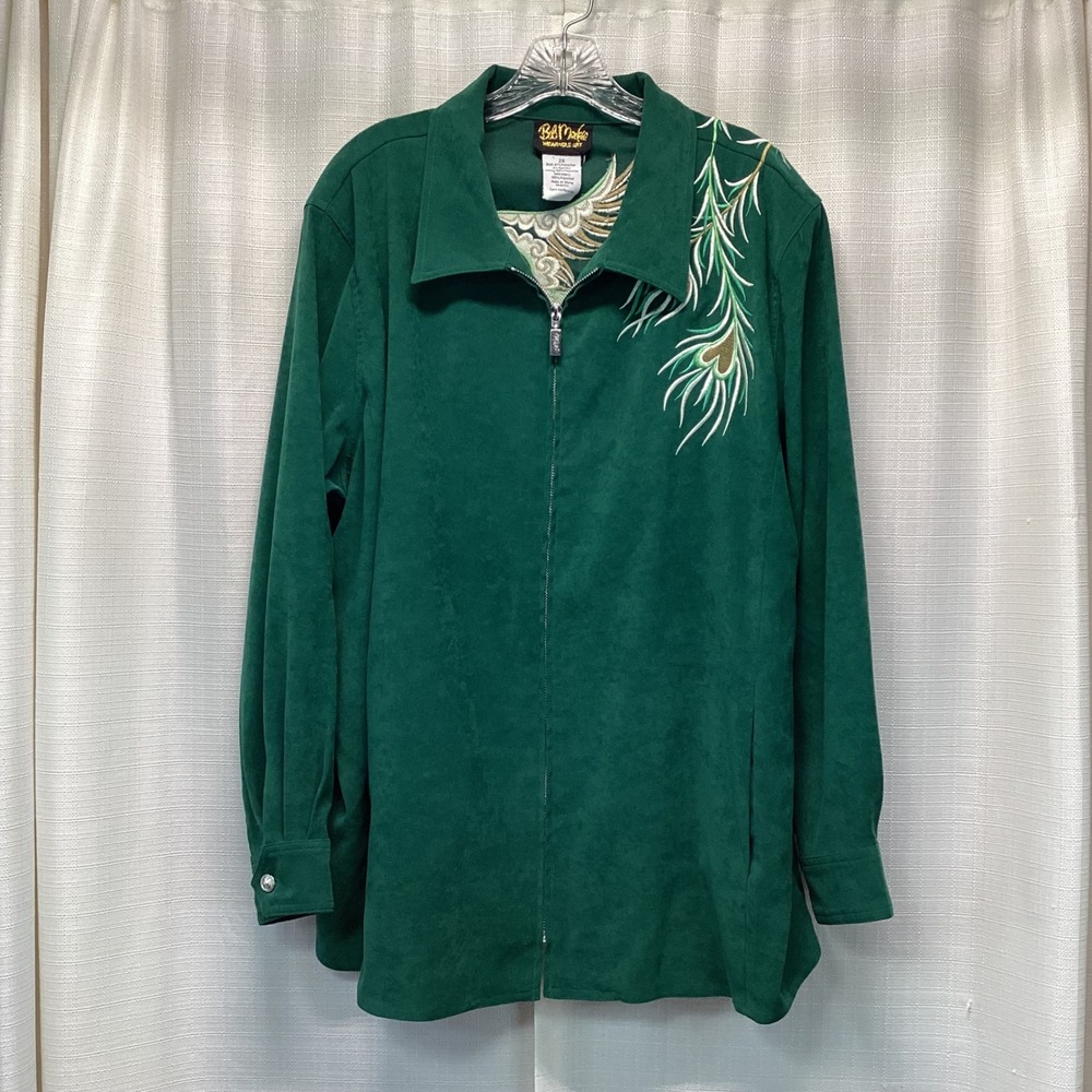Bob Mackie Wearable Art Emerald Green Faux Suede Embroidered Peacock Jacket 2X